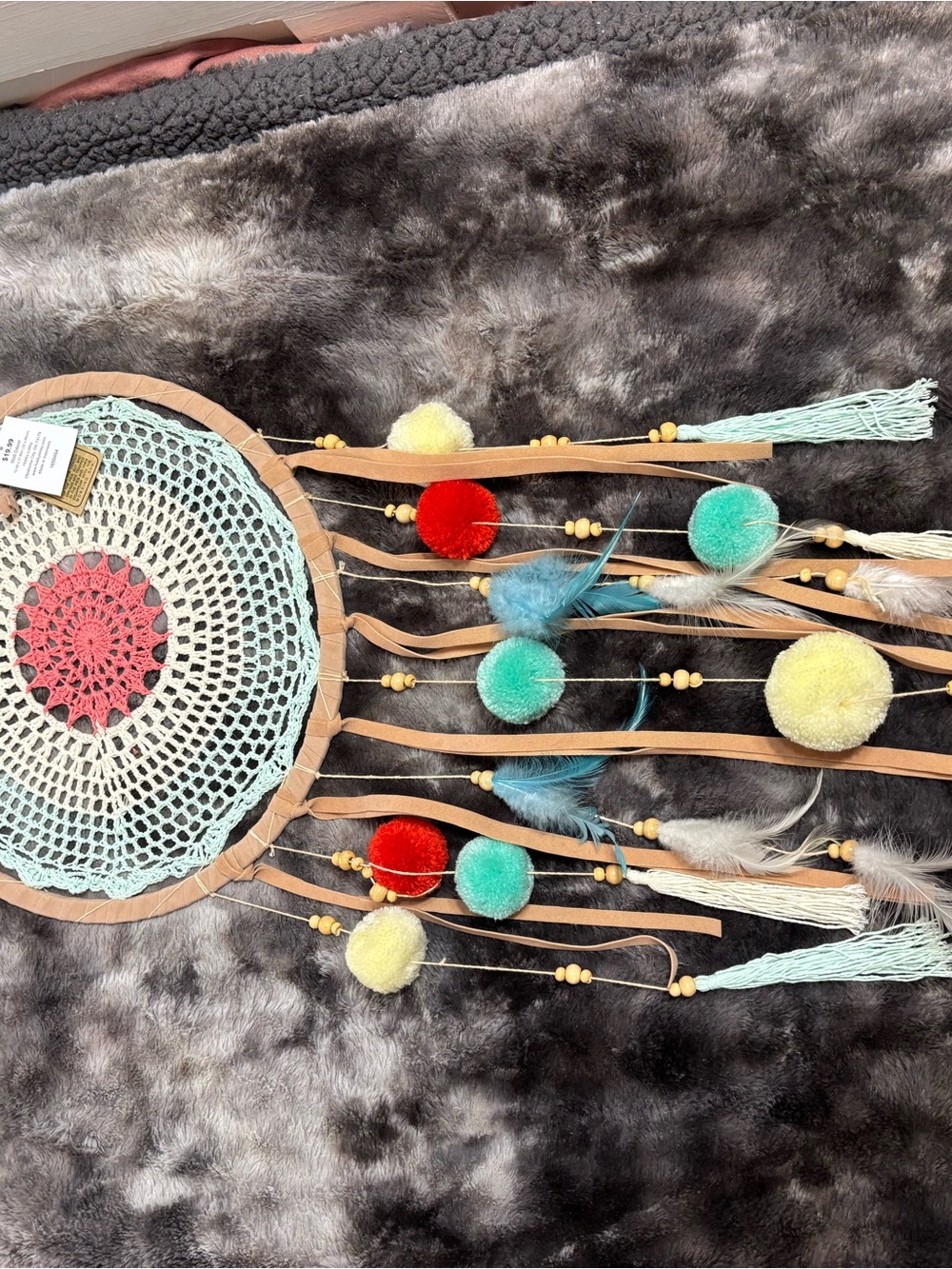 Handmade Mint & Red Pom-Pom Dreamcatcher